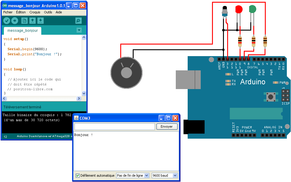 Capture d'écran de l'environnement Arduino et sa carte électronique